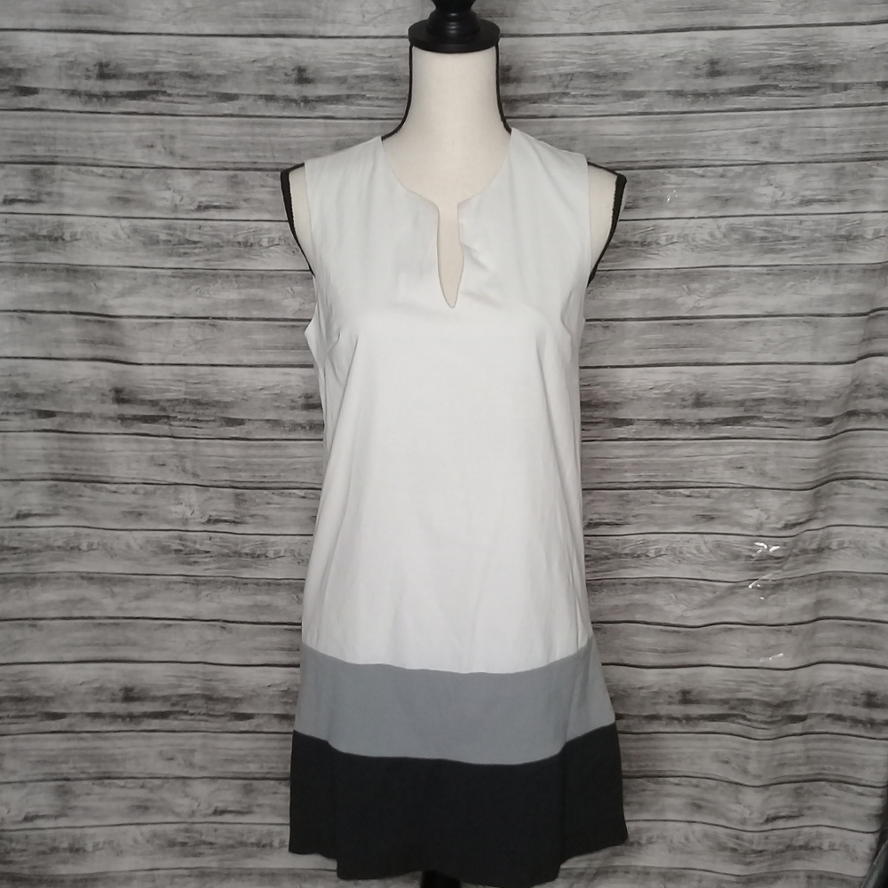 Monocracy V-neck White Black Gray Striped Sleeveless Shift Dress Sz M